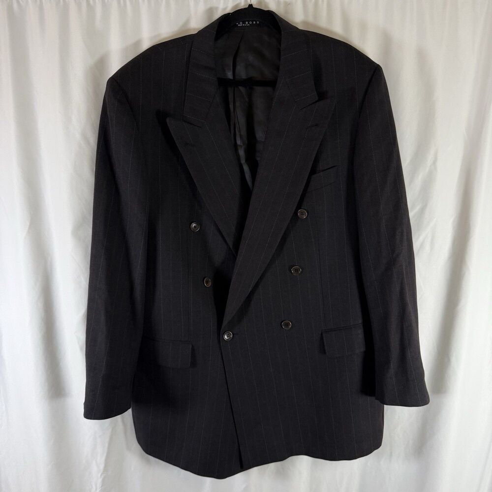 Hugo Boss Wool Zeus Blazer Men's 46L Super 100 Black Striped Sigle Button